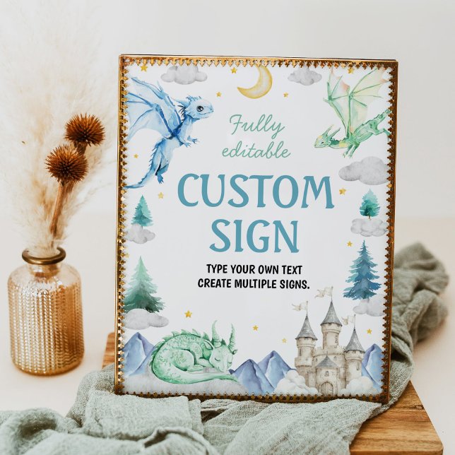 Affiche Cute Watercolor Dragon Birthday Party Table Sign (Créateur téléchargé)