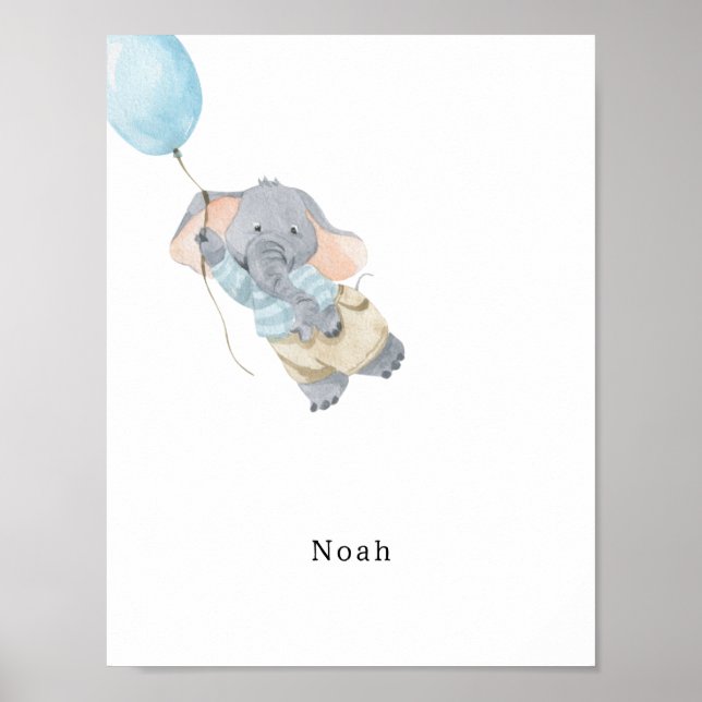 Affiche Cute Watercolour Elephant With Balloon Name (Devant)