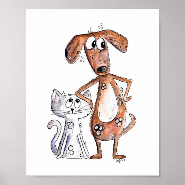 Affiche Cute Whimsical Brown chien et chat gris (Devant)