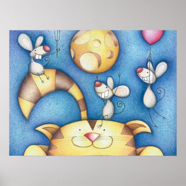 Affiche Cute Whimsical Cat and Mouse Moon Art (Devant)