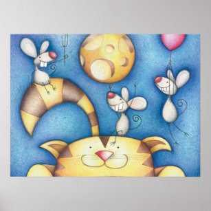 Affiche Cute Whimsical Chat et souris lune art