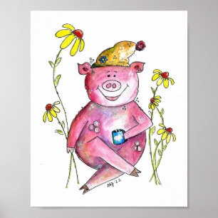 Affiche Cute Whimsical Cochon Boire Café