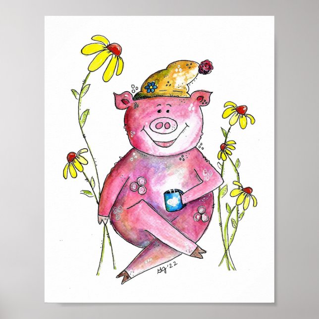 Affiche Cute Whimsical Cochon Boire Café (Devant)