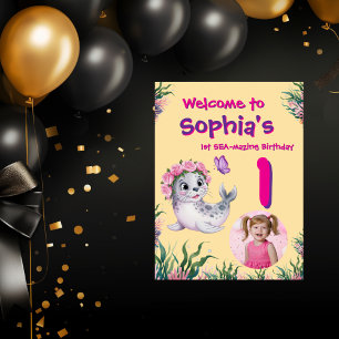 Affiche Cute Whimsical Floral Sealion Anniversaire Bienven