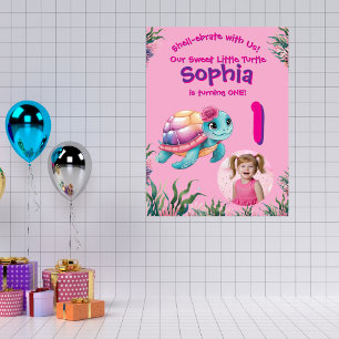 Affiche Cute Whimsical Floral Turtle Anniversaire Bienvenu