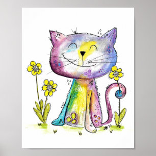 Affiche Cute Whimsical Happy Chat avec Fleur Jaune