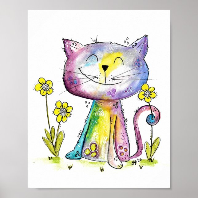 Affiche Cute Whimsical Happy Chat avec Fleur Jaune (Devant)