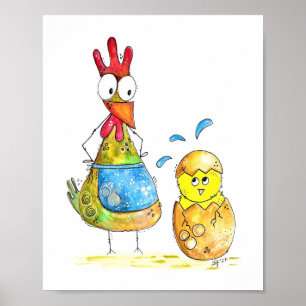 Affiche Cute Whimsical Mama poulet avec bébé