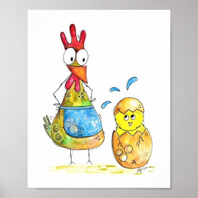 Affiche Cute Whimsical Mama poulet avec bébé (Devant)