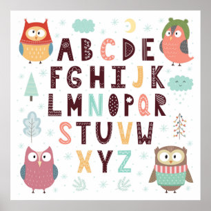 Affiche Cute Whimsical Owls ABC Letters Alphabet Education
