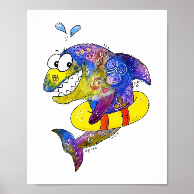 Affiche Cute Whimsical Requin coloré en flotteur (Devant)