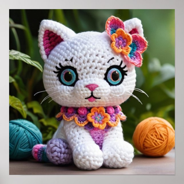 Affiche Cute Whiskers : Chat Kitty Blanc Crocheté Coloré (Devant)