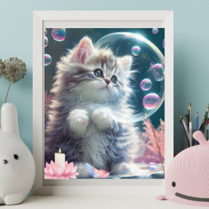 Affiche Cute White Chat jouer avec Bubbles Art Nursery