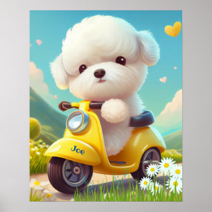 Affiche Cute White Chien Chien Chien chevauchant un scoote