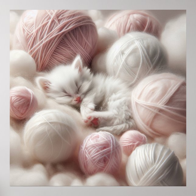 Affiche Cute White Kitten Napping en Fil (Devant)