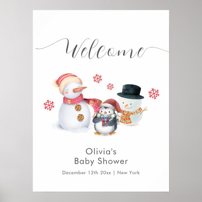 Affiche Cute Winter Penguin Snowman Baby Shower Welcome  (Devant)