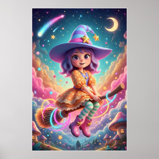 Affiche Cute Witch Girl Flying on Broom | Kawaii Fantasy  (Devant)