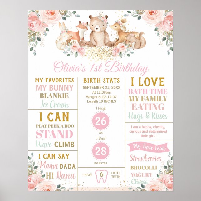 Affiche Cute Woodland 1er Anniversaire Jalon Statistiques  (Devant)