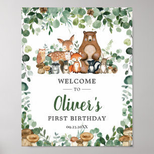Affiche Cute Woodland Animaux Verdure Anniversaire Bienven