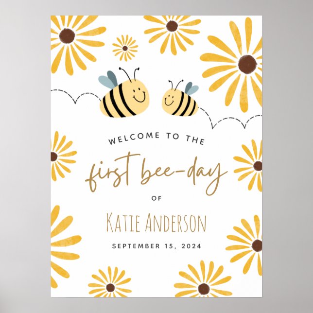 Affiche Cute Yellow Bee Sunflower First Bee-day Welcome (Devant)