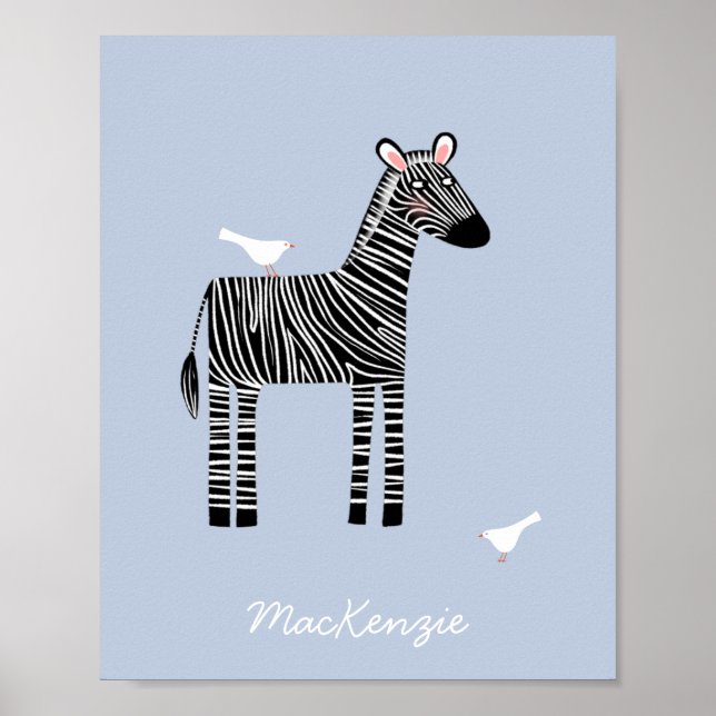 Affiche Cute Zebra Nom personnalisé bleu (Devant)