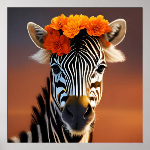 Affiche Cute Zebra portant des fleurs orange