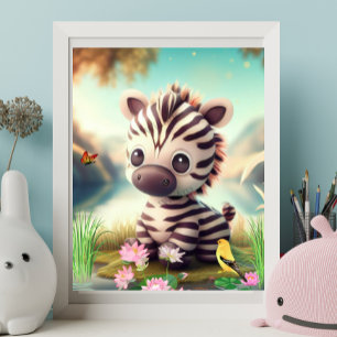 Affiche Cute Zebra près d'un étang avec fleurs et oiseaux