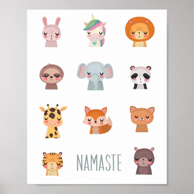 Affiche Cute Zen Yoga Kawaii Animal Faces Illustration (Devant)