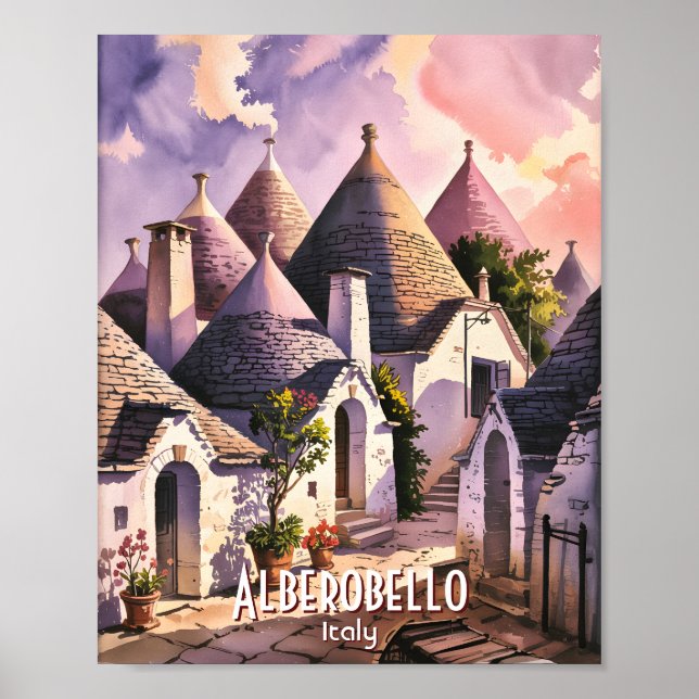 Affiche Cutom Alberobello Trulli Houses Italy Watercolor (Devant)