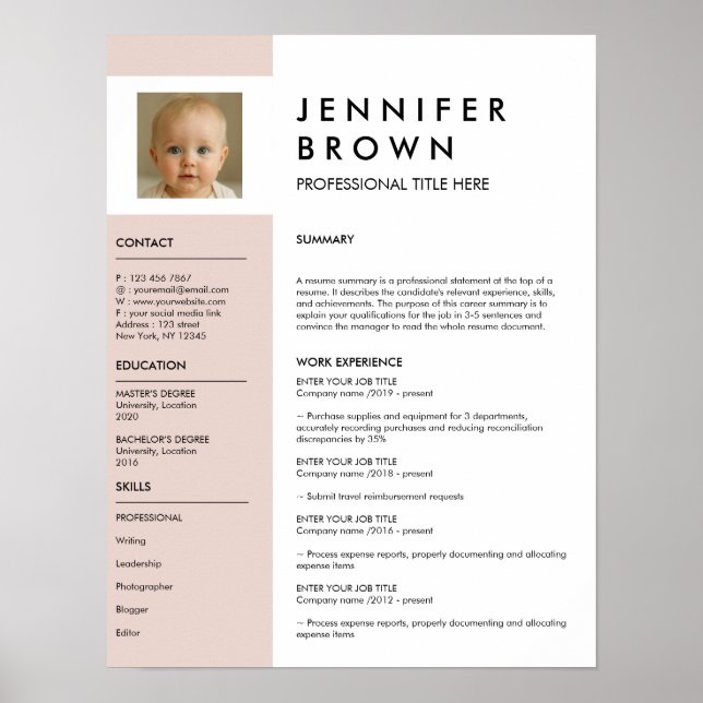 Affiche CV minimal avec photographie numérique (Devant)