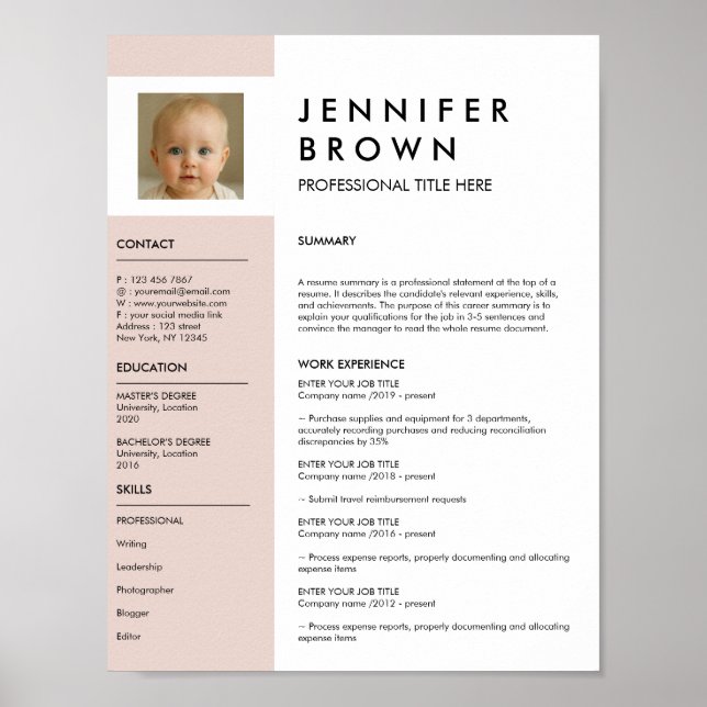 Affiche CV minimal avec photographie numérique (Devant)