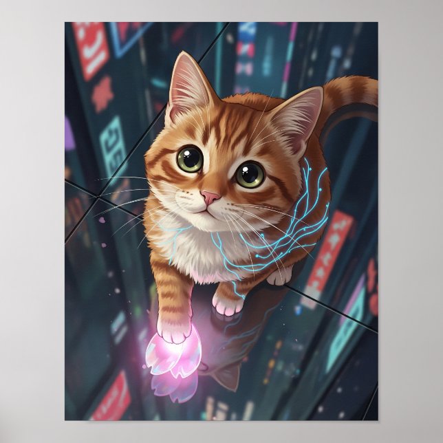 Affiche Cyber Cat Neon City | Urbain Tabby Feline (Devant)