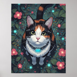 Affiche Cyber fleur de chat   Feline cybernétique florale
