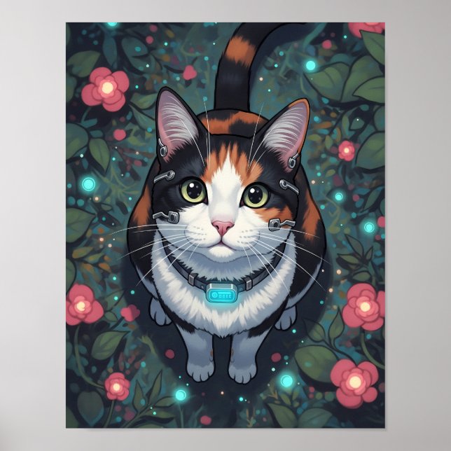 Affiche Cyber fleur de chat | Feline cybernétique florale (Devant)