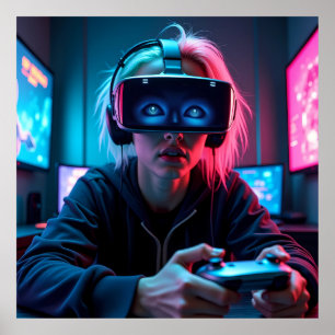 Affiche Cyber Gamer futuriste avec AR Visor AI