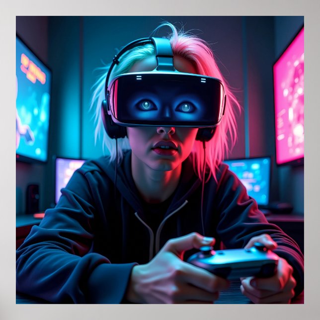 Affiche Cyber Gamer futuriste avec AR Visor AI (Devant)