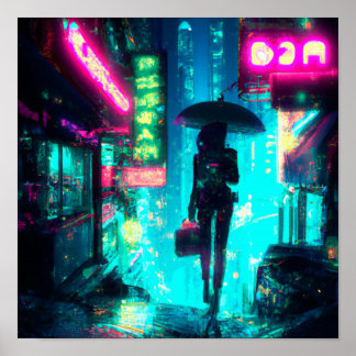 Affiche Cyber punk art ville nuit néon signes