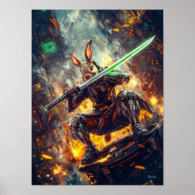 Affiche Cyber Ronin Rabbit – Gardien de la lame néon (Devant)