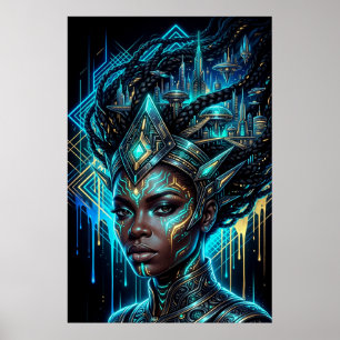 Affiche Cyberpunk Afrofuturisme Cité Néon Reine Noire