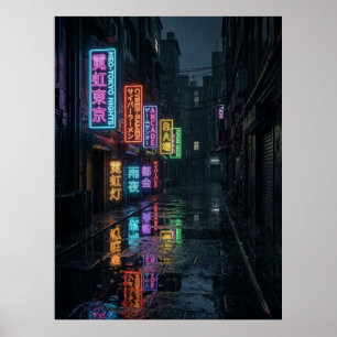 Affiche Cyberpunk Allée Néo-Néon Pluie Tokyo