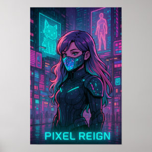 Affiche Cyberpunk Anime Girl - Pixel City