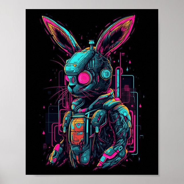 Affiche Cyberpunk Bunny Cyborg Rabbit Cool Gamer Pâques (Devant)