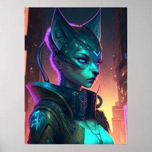 Affiche Cyberpunk chat femme dans la ville de néon