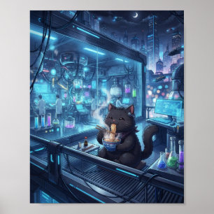 Affiche Cyberpunk Chat Noir Buvant un Ramen - Sci-