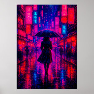 Affiche Cyberpunk City Night avec néon lumières et paraplu