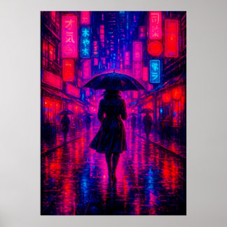Affiche Cyberpunk City Night avec néon lumières et paraplu