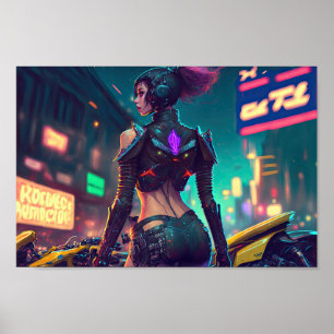 Affiche cyberpunk cityscape néon lumières moto femme