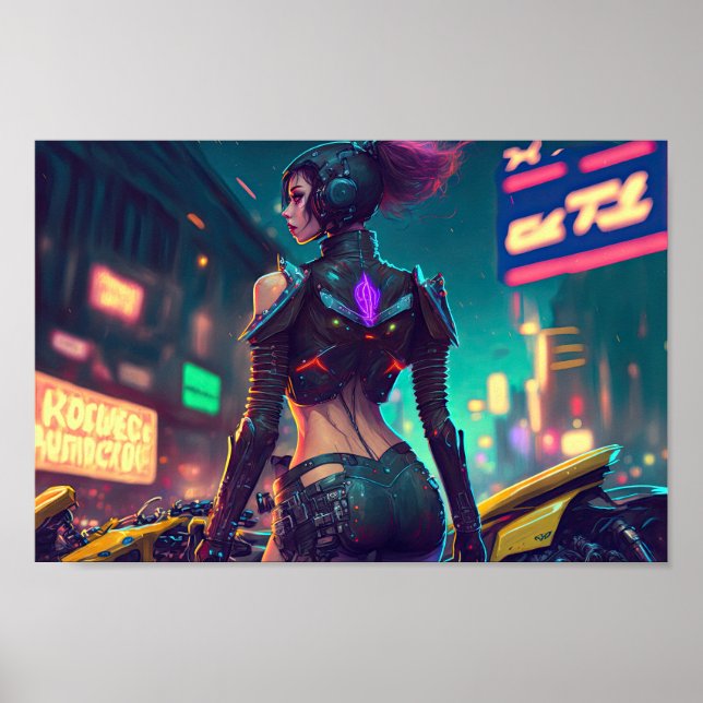 Affiche cyberpunk cityscape néon lumières moto femme (Devant)