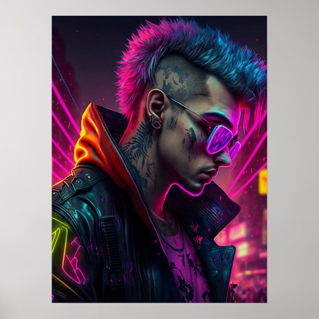 Affiche Cyberpunk fille dans la ville de néon (Devant)