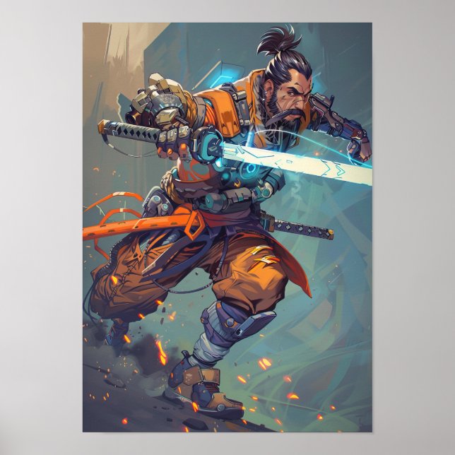 Affiche Cyberpunk futuriste Samurai tenant le laser Katana (Devant)